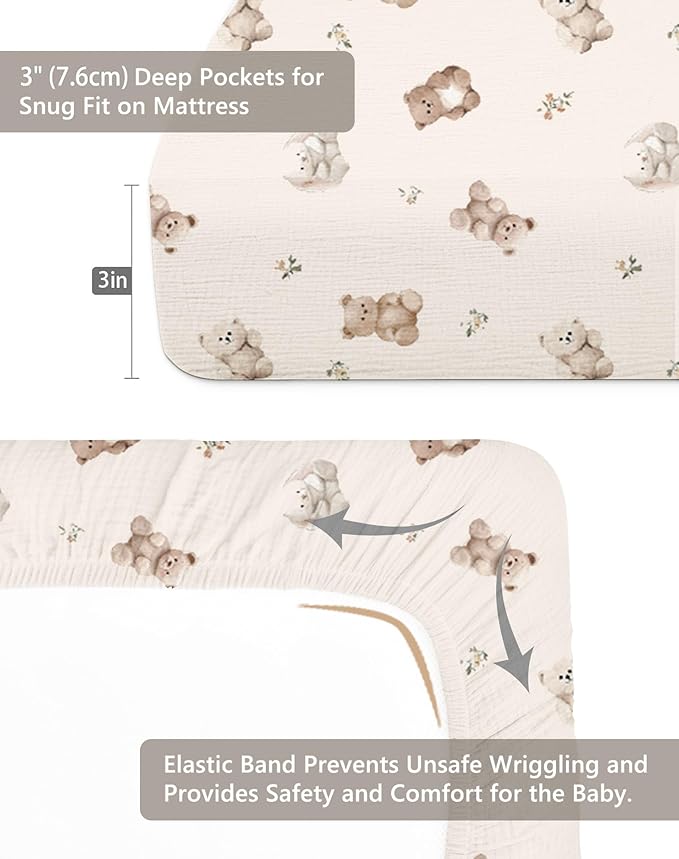 Mini Crib Sheets for Baby Boy Girl 2 Pack, Neutral Mini Crib Mattress Sheet 24" x 38", Muslin Nursery Bedding Soft and Breathable Comfort (Teddy & Friends)