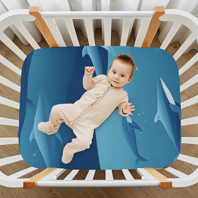 Blue Whales 01 Crib Sheets Standard Crib Toddler Mattresses Cover Fitted Baby Bed Sheet Breathable Crib Mattress Sheet for Girls Boys 52" x 28"x5''
