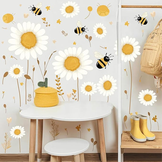 Daisy Floral Wall Stickers Baby Bedroom Walls Art Murals Boho Daisy Decals for Kids Room Peel and Stick Flower Bee Vinyl Wall Decals for Nursery Home Living Room Summer Flowers Party Theme Supplies