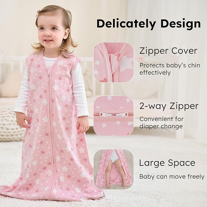 Baby Sleep Sack 6-12 months, 100% Cotton Sleeping Sack for Newborn and Infant, 3 Pack Baby Wearable Blanket for Boy and Girl, 0.5 Tog Lightweight Double Zipper Sleep Bag Pink Heart