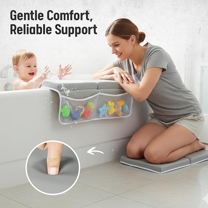 Bath Kneeler and Elbow Rest Pad Set – 1.5” Extra Thick Cushioned Kneeling Pad, Durable, Non-Slip Elbow Rest with Storage Pockets & 5 Bath Toys, Baby Bath Accessories Organizer