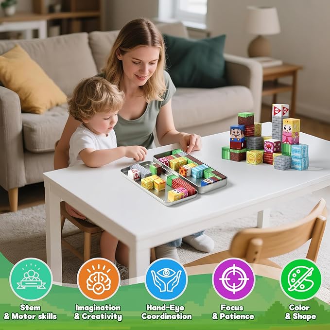 Magnetic Building Blocks for Kids Ages 3-8, STEM Magnetic Cubes Travel Toys with Iron Storage Box – Portable Sensory Learning for Toddlers, Fine Motor Skills Toy for Ages 3 4 5 6 7 8（Regular）