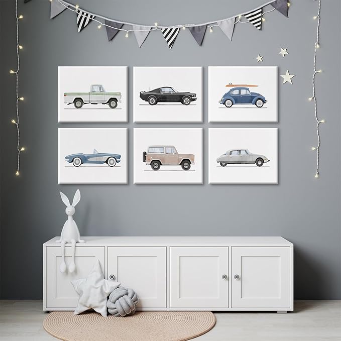 Blue Car Wall Art Decor Boys Room Wall Art Vintage Cars Canvas Poster Pictures Toddler Kids Room Prints Watercolor Vehicle Artwork Painting for Boys Bedroom Nursery 12x16 Inch Framed Set of 6