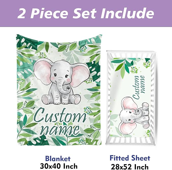 Custom Name Crib Bedding Set with Name - 2 Piece Elephant Series Baby Set with Blanket and Crib Sheet, Cozy and Durable Infant Nursery Bedding, Gifts for Toddler