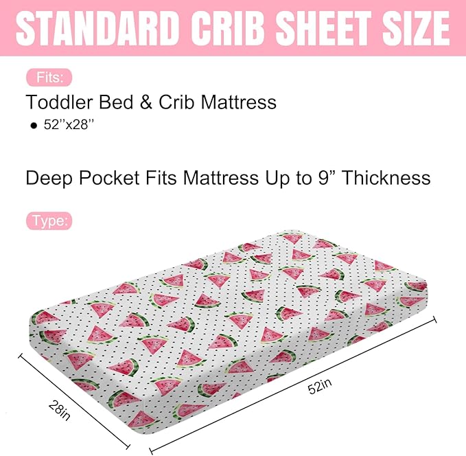 Watercolor Watermelon Dots Baby Crib Sheets 52''x28'' Watermelon Fruits Snug Fitted Crib Mattress Covers for Boy Girl Boho Summer Fruits Soft Baby Bed Sheet for Standard Crib Toddler Mattress
