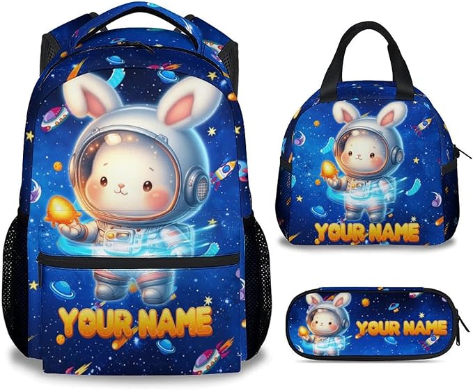 Kids School Backpack - Personalized Bunny Backpacks Set with Name - Custom Planet Bookbag for Boys Girls - Toddler School Bag for Kindergarten/Preschool/Elementary(17 Inch)