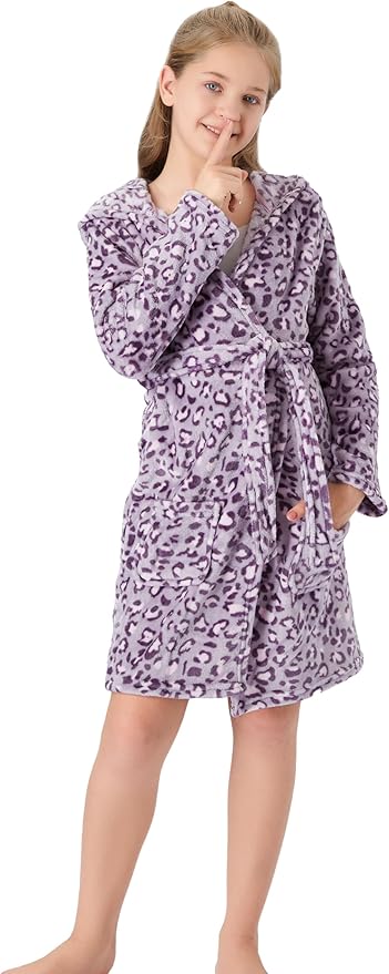 Topgal Leopard Cat Robe for Girls Fleece Toddler Kids Teen Hooded Bathrobe Size 4T-18