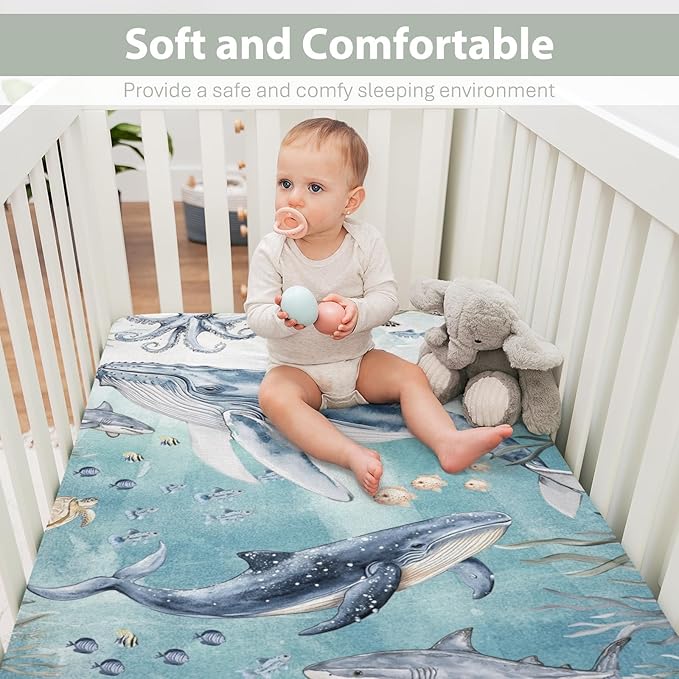 Under The Sea Baby Crib Sheets Boy Girl 52"x28" Boho Whale Shark Turtle Fishes Coral Seaweed Soft Snug Fitted Crib Mattress Cover Ocean Marine Coastal Baby Sheet for Standard Crib & Toddler Mattress