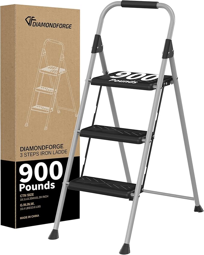 DIAMONDFORGE 3 Step Ladder, Folding Step Stool with Anti-Slip Wide Pedal, Soft Handle, Anti-Slip Feet, Sturdiest Steel Construction, 900lbs Capacity Steel Ladder for Home and Office, Grey