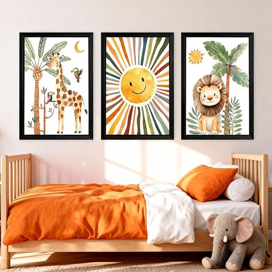Cute Sun Lion Giraffe Quote Framed Wall Art Set of 4, 11x16 Boho Educational Animal Wall Sign for Baby Girl Kid Boy Toddlers, Wooden Inspirational Nursery Wall Decor Black