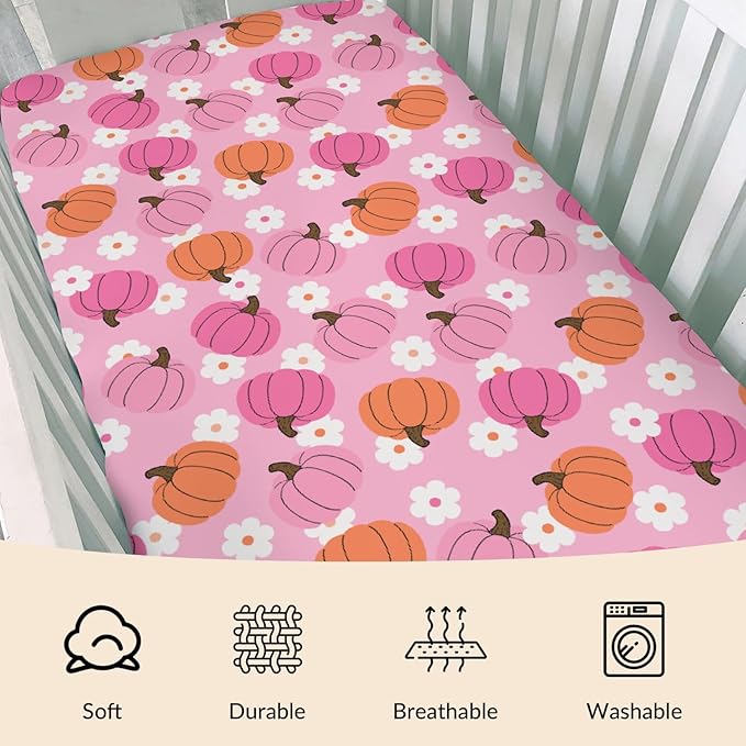Autumn Pumpkin Boho Floral Baby Crib Sheets Fall Pumpkin Flowers Fitted Crib Mattress Cover Autumn Thanksgiving Harvest Toddler Baby Sheet for Standard Crib 28x52in