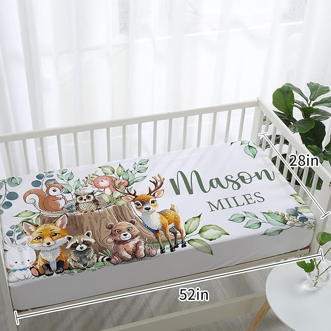 Personalized Baby Crib Bedding Set: 4 Piece Custom Gift Crib Bed Set with Name - Animal Stump Design, Nursery Bedding Set for Baby Girls,Newborn Boys Girls Crib Sets, Crib Bedding Shower Gifts