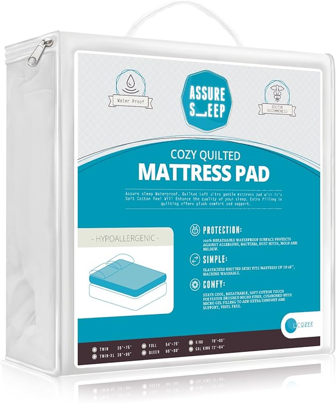 Quilted Fitted Waterproof Mattress Pad Cover - Topper, Stretches up to 18 Inches Deep, Full Size, by Assure Sleep by L’cozee