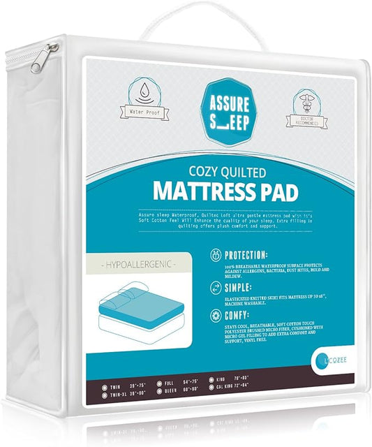 Quilted Fitted Waterproof Mattress Pad Cover - Topper, Stretches up to 18 Inches Deep, Full Size, by Assure Sleep by L’cozee