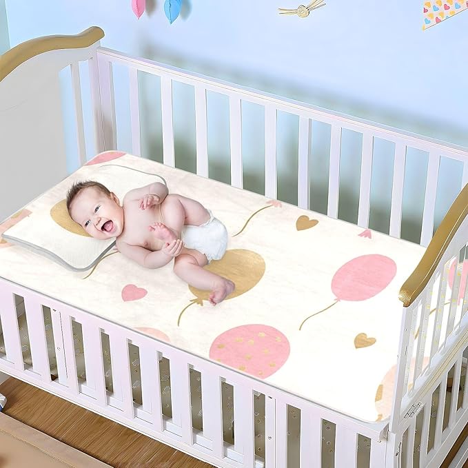 Cooling Baby Mattress Protector Pads 28" x 52"Absorbent Crib Padding for Sides for Baby&Toddler Balloon Beige Heart Gold Peach