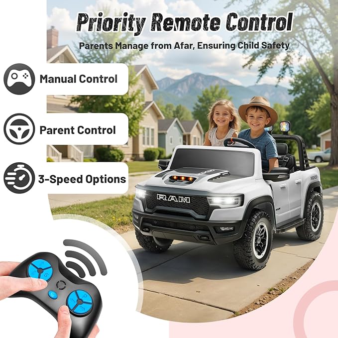 Electric Car for Kids, Licensed Ram 1500 RHO, 24V Ride on Toys for Big Kids, Battery Powered with Parent Remote Control, LED Light/Music/MP3, Back Storage, White, Roll Bar