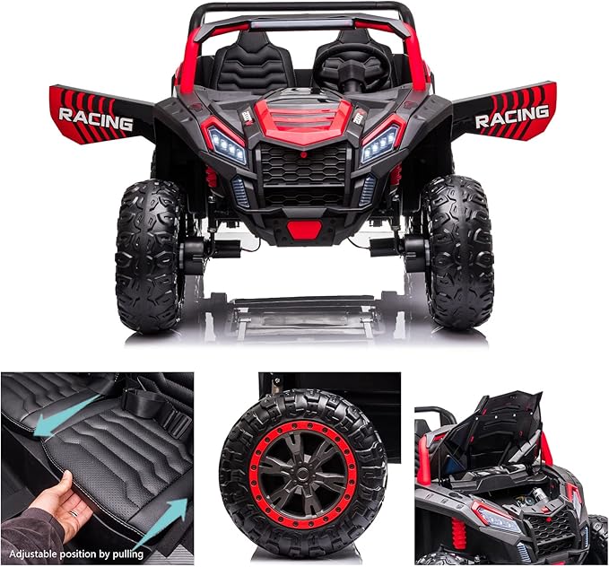 POSTACK 24V Side by Side 2 Seater Ride On Electric Vehicle Car with Parents Remote Control for Kids 4 Wheels Drive Battery Powered UTV Truck Car for Girls Boys with EVA Rubber Compound Tires, Red