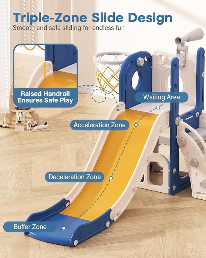 Babytronic Toddler Slide, 6 in 1 Kids Indoor Slide for Toddlers 1-3, Baby Indoor and Outdoor Climber Playset, Kids Slide with Basketball Hoop and Telescope, Toddler Outdoor Playground (Blue&Yellow)