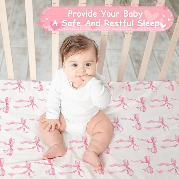 2 Pack Crib Sheets for Girls, Pink Baby Girl Crib Sheets, Bow Bed Sheet Set, 52'' x 28'' for Standard Crib Mattress, Stretchable Soft Toddler Aesthetic Nursery Decor (Crib)