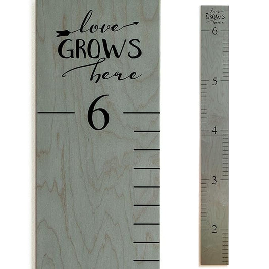 Headwaters Studio Wooden Growth Chart – Kids Height Chart, Wall Measurement for Kids, Height Chart for Wall, Growth Ruler for Children – “Love Grows Here” Gray (63" x 6.7")
