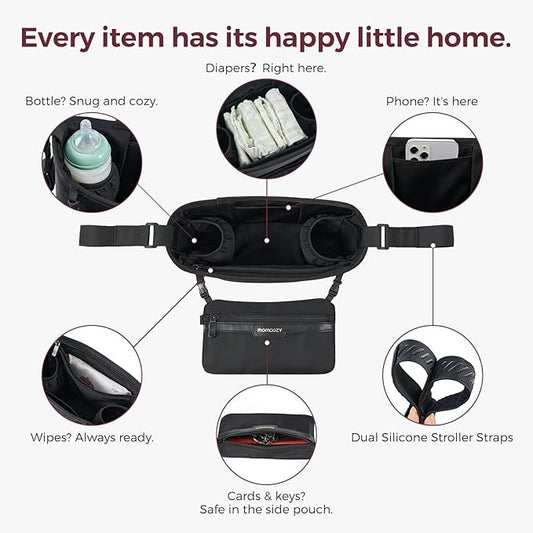 Momcozy Universal Stroller Organizer | Minimalist Caddy with 2 Insulated Bottle Holder | Silicone Anti-Slip Straps | Detachable Mini Pouch | Durable Dense-Weave, Fits for UPPAbaby/Doona & More