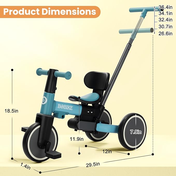 BoBike 5-in-1 Tricycle for Toddlers 18 Months to 5 Years, Kids Bike with Upgraded Pedals, Parent Push Handle, Balance Bike & Easy Assembly for Boys Girls (Sky Blue)