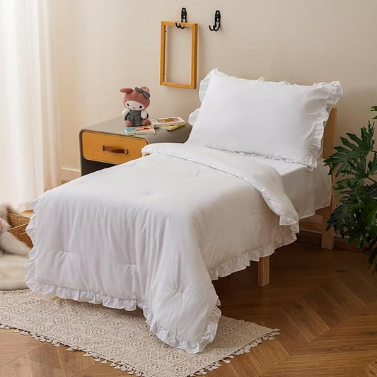 CLOTHKNOW White Toddler Bedding Sets, 4 Pieces White Ruffles Farmhouse Pattern, Soft Crib Bed Set Including Comforter, Flat Sheet, Fitted Sheet and Pillowcase