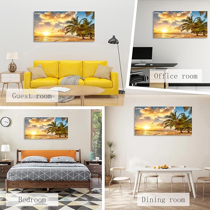 KUNHAAH Wall Art Canvas Painting Golden Ocean Beach Palm Tree 1 Piece Sunset See Coconut Trees Landscape Picture Poster Print Framed and Stretched Ready to Hang for Living Room Bedroom Office Artwork
