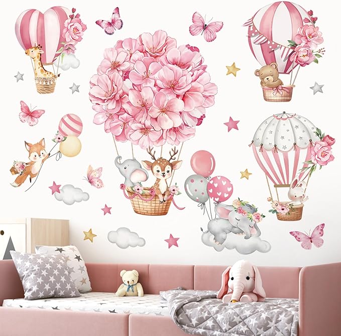 decalmile Pink Hot Air Balloon Animal Wall Decals Flowers Balloons Elephant Deer Fox Wall Stickers Girls Room Baby Nursery Kids Bedroom Wall Decor