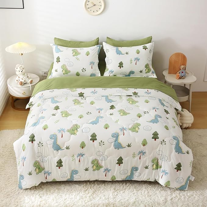 Wajade Kids Dinosaurs Comforter Set Bed in A Bag Queen Size 7 Piece Cute Green Dinosaur Jungle Bedding Set for Girls Boys (1 Comforter, 1 Flat Sheet, 1 Fitted Sheet, 2 Pillowcase and 2 Pillow Sham)