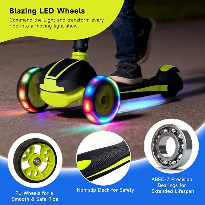 Nattork Kids Scooter for Age 3-8, Toddler Scooter with 4 Adjustable Height for Boys & Girls, Light Up 3-Wheels Foldable Kick Scooter, Lean to Steer, 120LB Weight Capacity