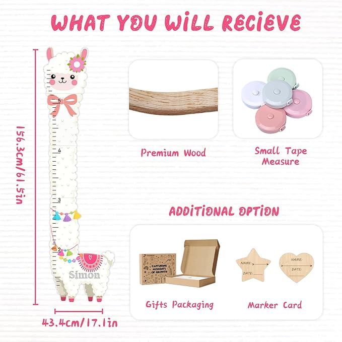 Woodemon Personalized Child Growth Charts, Alpaca Wooden Kids Height Wall Chart, Height Measurement for Wall Kids Room Nursery Decor