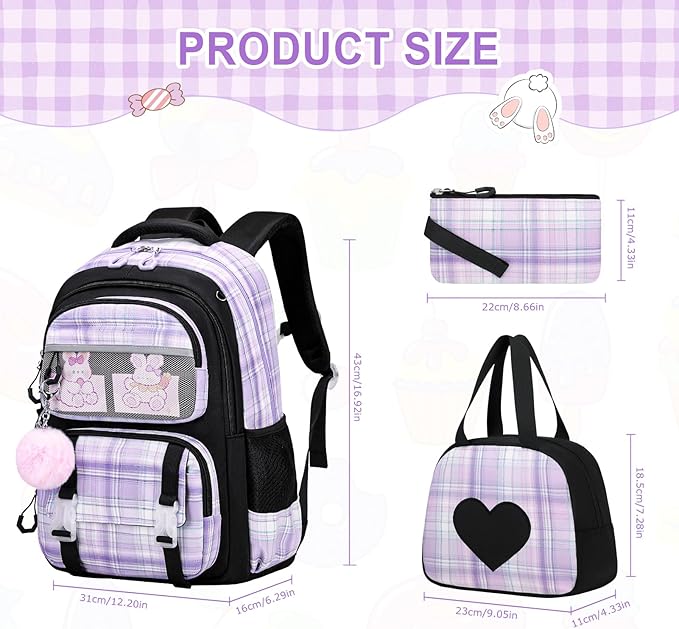 Bevalsa School Backpack with Lunch Box - Kids Girls Bookbag for Elementary to College Students - Casual Travel Daypack - Black Purple