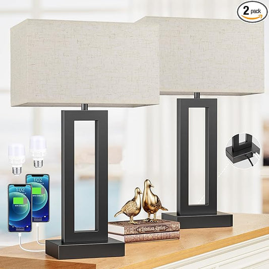 Cream & Black Modern Bedside Lamps - 22" Tall, Touch USB C+A, 3 Way Dimmable Set of 2 for Night Stands & End Tables