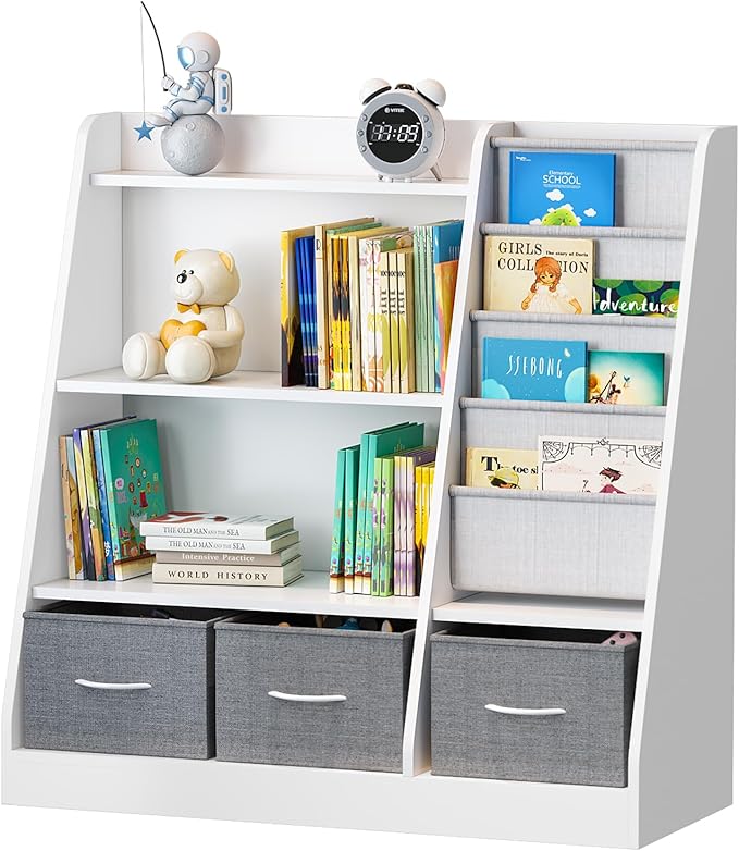 HedoAjim White Kids Bookshelf Wood Toy Storage Organizer Cabinet Children Bookcase Toddler Baby Sling Book Rack 3 Cube Bins Fabric Drawers for Playroom Bedroom Nursery School