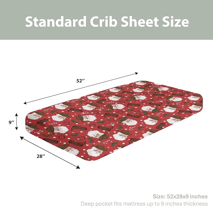 Red Cowboy Santa Christmas Baby Crib Sheets for Boy Girl 52x28Inch Western Santa Hat Boots Fir Leaves Soft Snug Fitted Crib Mattress Cover Wild West Baby Sheet for Standard Crib & Toddler Mattress