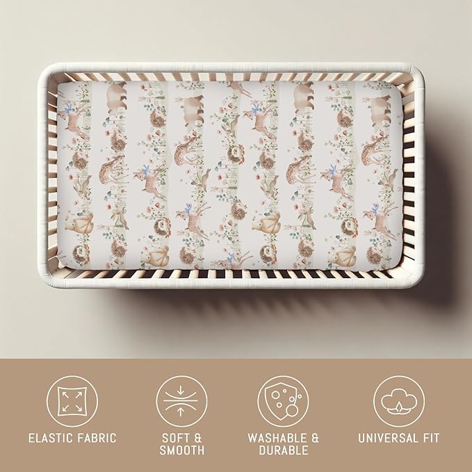 Pastel Animals Bows Floral Mushroom Baby Crib Sheets for Boy Girl Cute Bear Deer Bunny Hedgehog Soft Snug Fitted Crib Mattress Covers for 52''x28'' Standard Crib & Toddler Mattress Nursery Bed Sheets