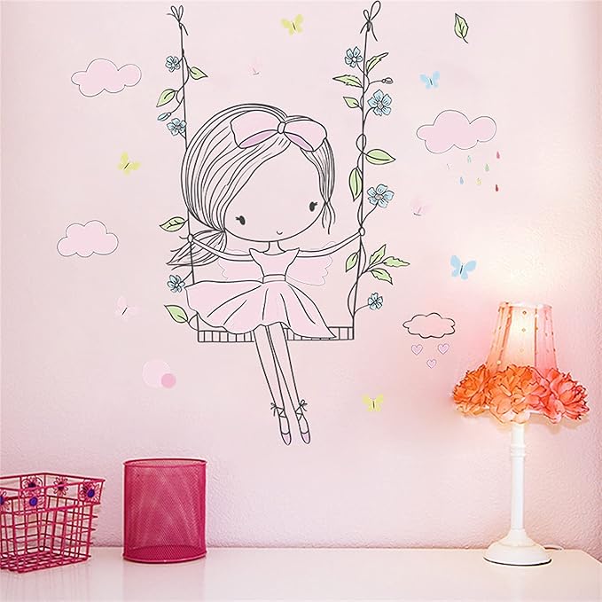 ROFARSO Colorful Cute Lovely Little Girl On The Swing Wall Stickers for Kids Peel and Stick Removable Wall Decals DIY Decorations Decor for Nursery Baby Girls Bedroom Playroom Living Room Murals