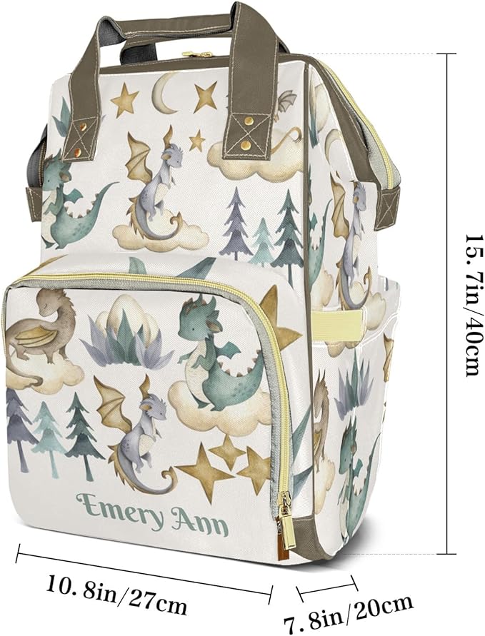 Personalized Cute Dragon Watercolor Custom with Name Diaper Bag Backpack For Baby Boy Girl Dad Mom Unisex for Adult Daypack Holiday Gift
