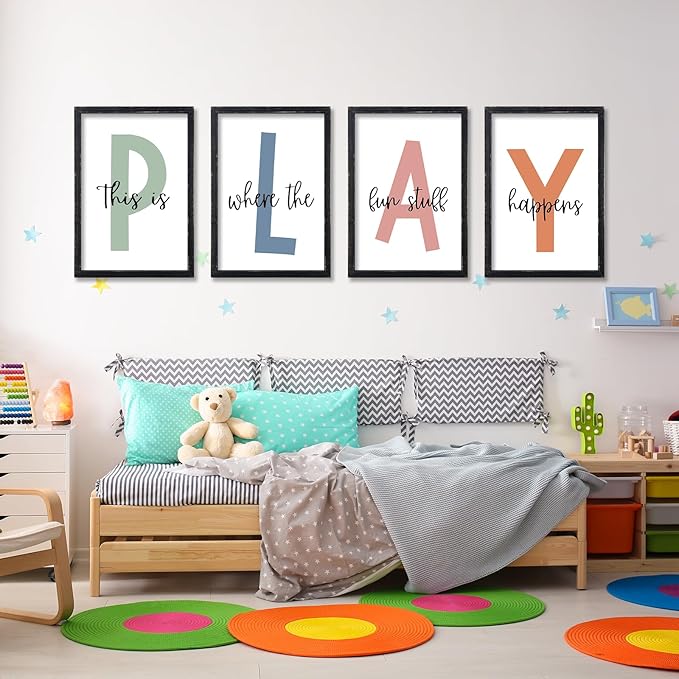 LuZhiQiang Playroom Wall Art Decor This Is Where The Fun Stuff Happens Sign Colorful Letters Decor 4 Piece 16"×11" for Toddler Modren Nursery Children Prints Small Wood Framed Wall Hanging (Black)