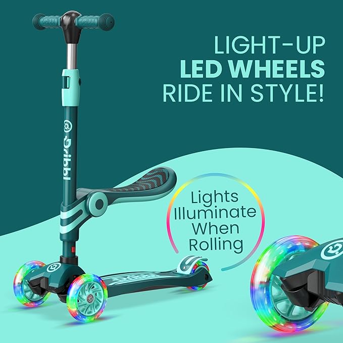 Aqua 3 Wheel Scooter with Seat for Kids, Light-Up Wheels, Adjustable Lean to Steer Handlebar and Seat, Smooth Wheels, Wide No-Slip Deck, Rear Foot Brake, Toddler Outdoor Toys for Ages 2+