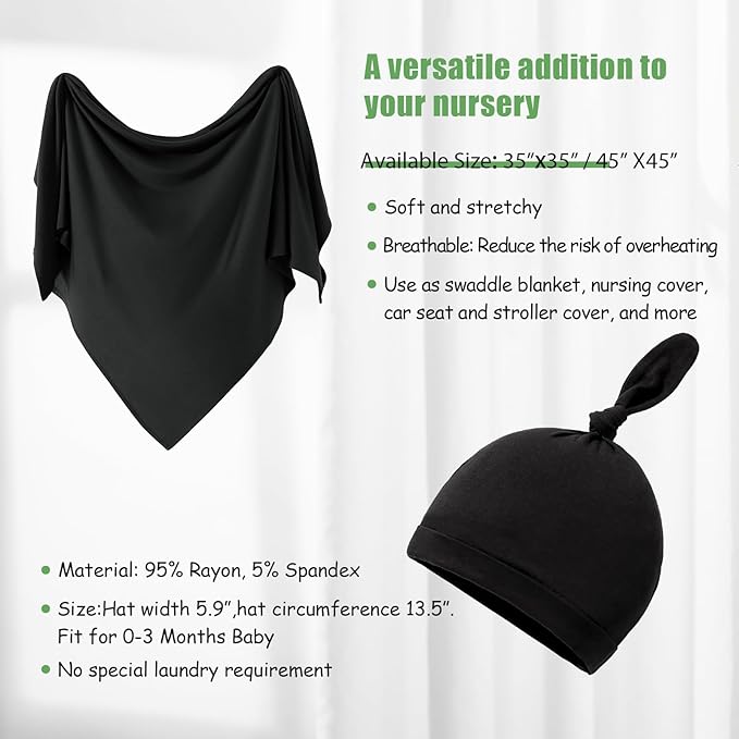 iEvolve Cotton Knitted Baby Swaddle Blanket with Hat Headband Set Newborn Swaddle Wrap Receiving Blankets for Baby Girl Boy 45" x 45"(Black)