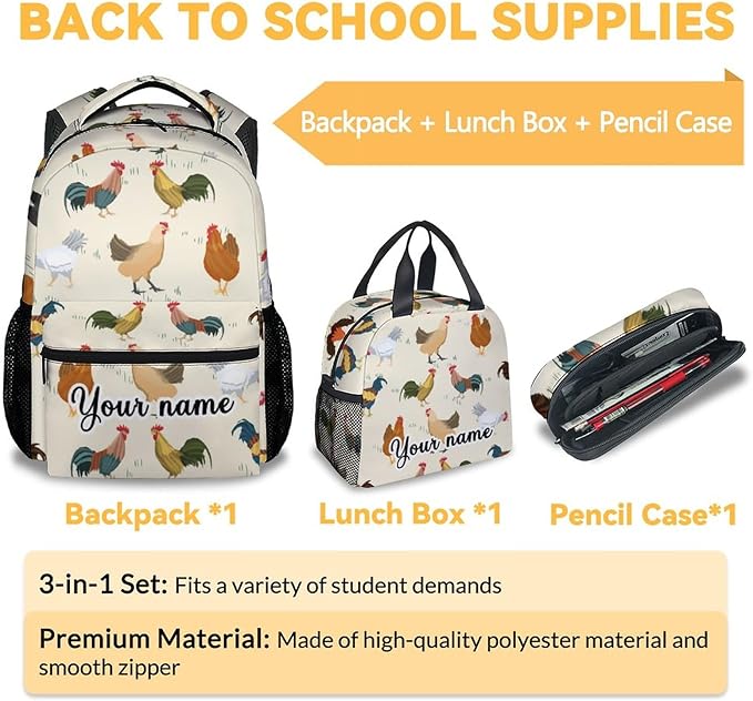 COOPASIA Personalized Chicken Backpack with Lunch Box and Pencil Case, 16 Inch Chicken Theme Bookbag with Adjustable Straps, Durable, Lightweight, Large Capacity, School Backpack for Girls Women