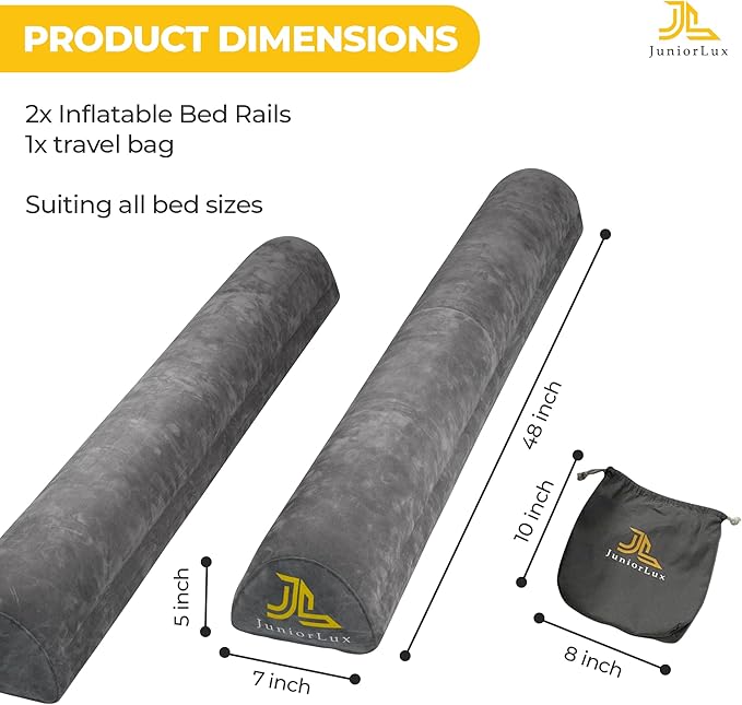 Inflatable Bed Rails for Toddlers & Kids (2-Pack) - Portable Leak-Proof Bed Bumpers, Travel & Home Safety Non-Slip Guard for King, Queen, Full Sizes, Grey, IBR-001