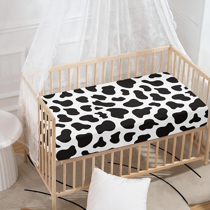 Cow Pattern Fitted Crib Sheet Black White Cowhide Baby Crib Sheet Fit Standard Crib and Toddler Mattress,Crib Mattress Sheets for Boys Girls 28"x52"