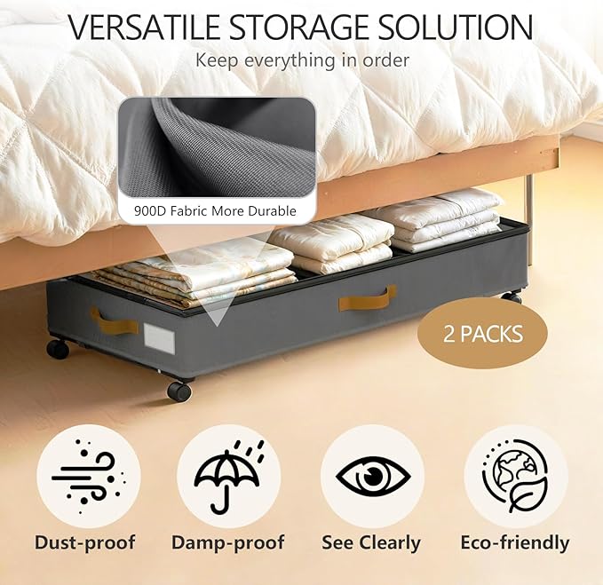 GOVEYONY Under Bed Storage with Wheels 2-Pack, 75L XXL Under the Bed Storage Containers Large, 12" Tall Adjustable Storage for Underbed with Lids, Rolling for Clothes, Shoes, Blankets (Grey)