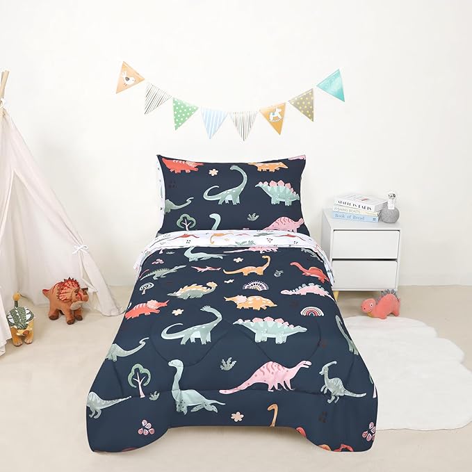 Toddler Bedding Set for Boys, 4 Piece Toddler Boy Bedding, Super Soft Crib Comforter Set Includes Comforter, Flat Sheet, Fitted Sheet, Pillowcase (Blue Dinosaur)