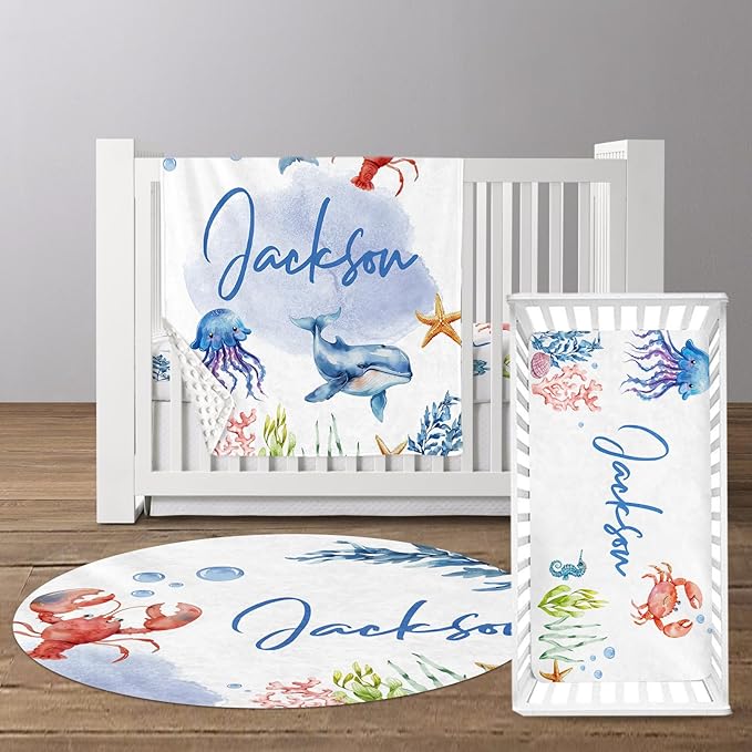 Custom Baby Crib Bedding Set, Personalized Name Marine Animals Theme Crib Set 3 Pcs, Soft Double Layer Blanket, Crib Sheet & Room Rug, Ideal Nursery Decor Gift for Baby Girls Boys