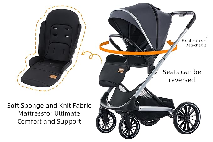 Compact Stroller,Convertible Stroller with Reversible Seat, Foldable Buggy with Oversized Wheels Luxury Baby Carriage Suit Toddler Infant,Gray (Brown)