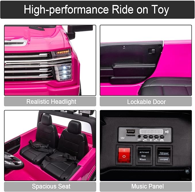 FINITO 24V 2 Seater Ride On Toy Car, Licensed Chevrolet Silverado Ride on Truck, 4WD Kids Electric car, LED Light, Bluetooth Music Player, Gift for Boys and Girls, for 3+ Kids (Pink)
